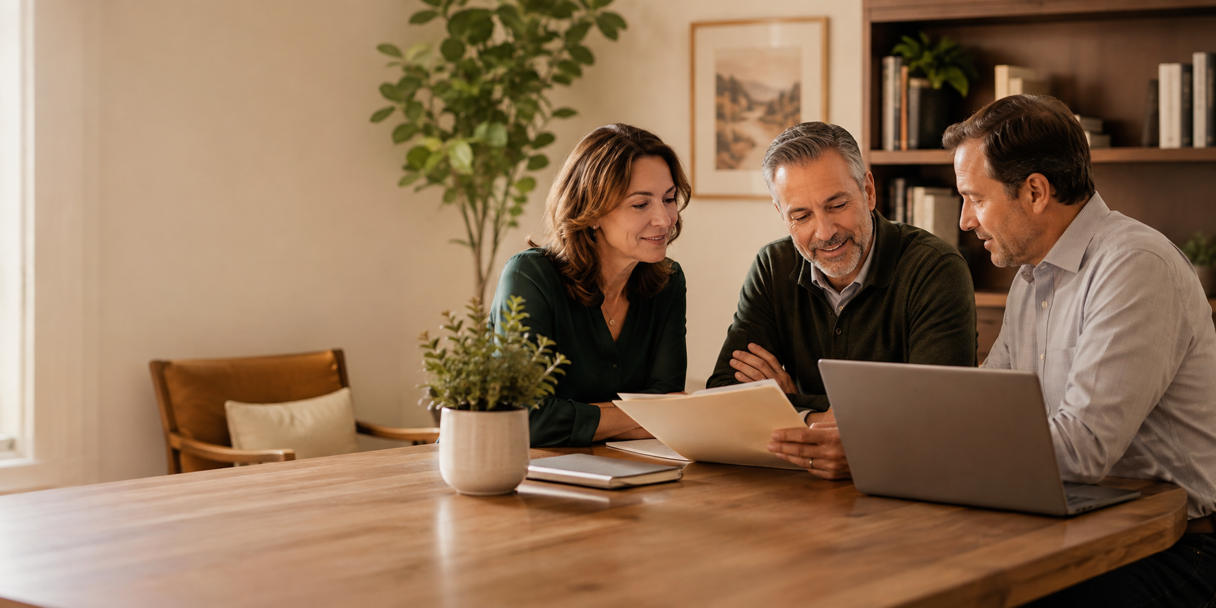 A small family-run healthcare administration team meeting around a wood table